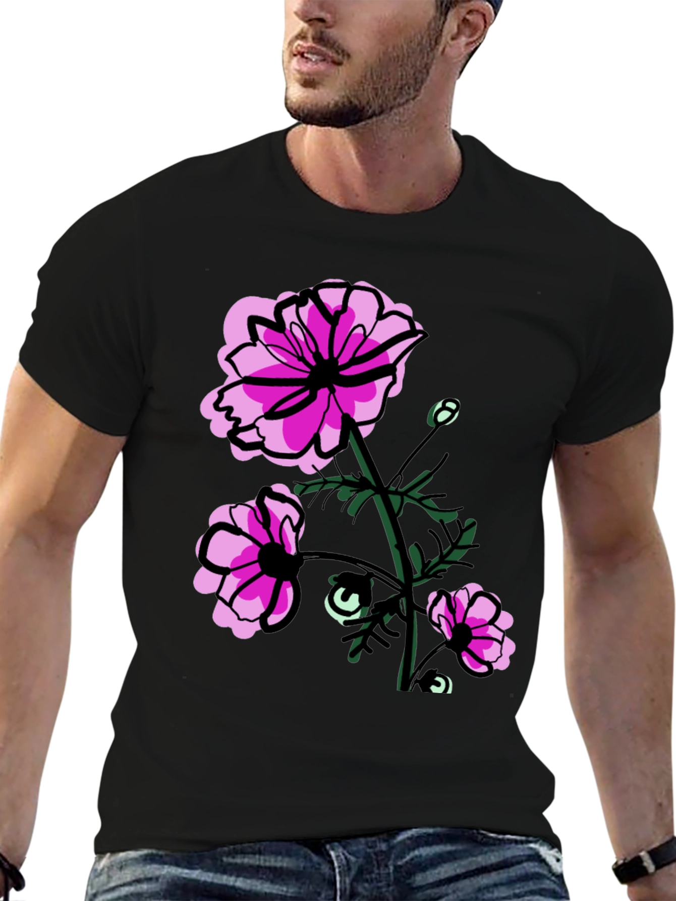 Floral Graphic T-Shirt - Pink Flowers on Black