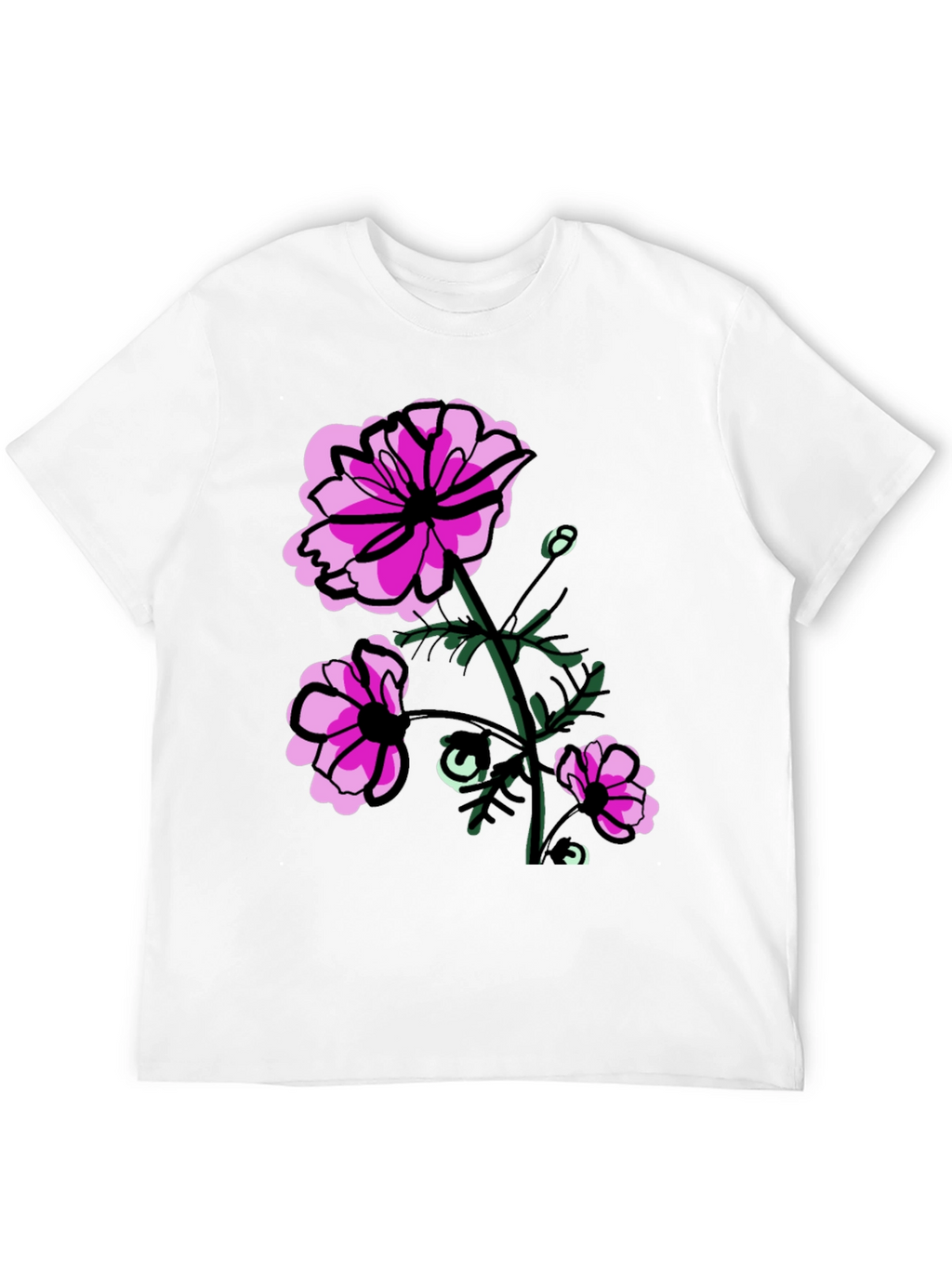 Floral Graphic T-Shirt - Pink Flowers on Black