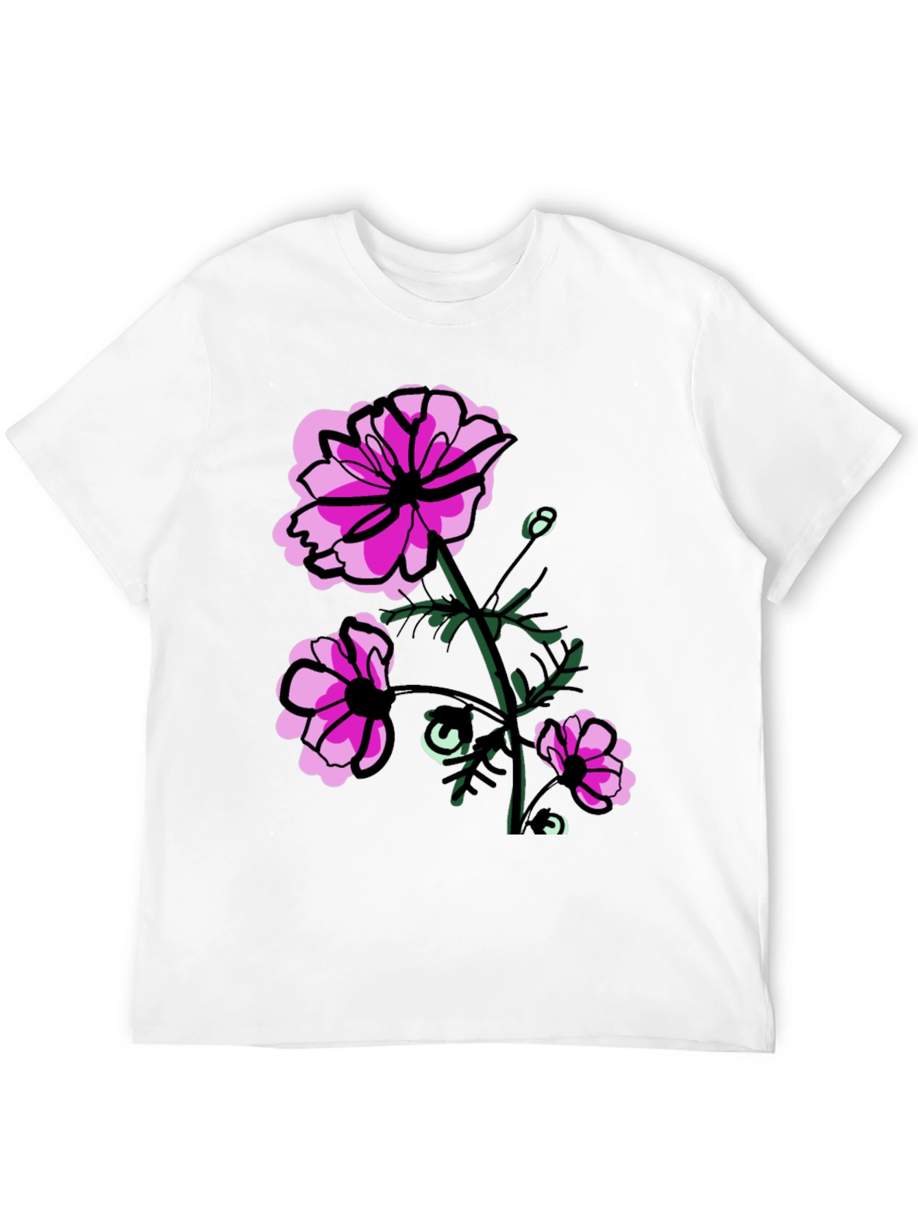 Floral Graphic T-Shirt - Pink Flowers on Black