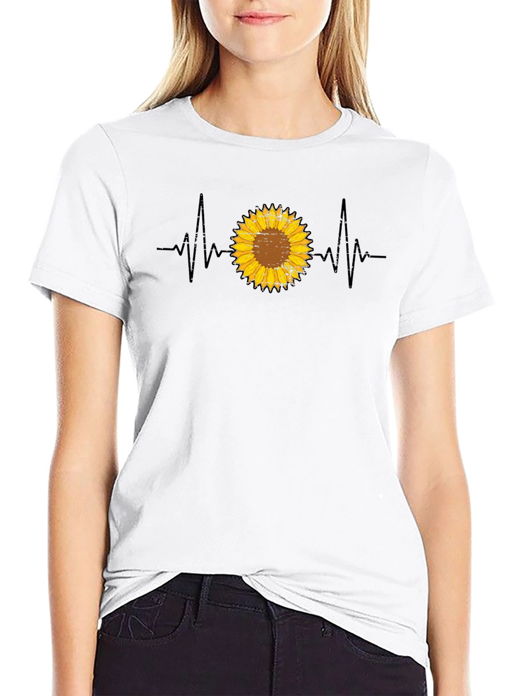Sunflower Heartbeat Graphic T-Shirt - Trendy Casual Top