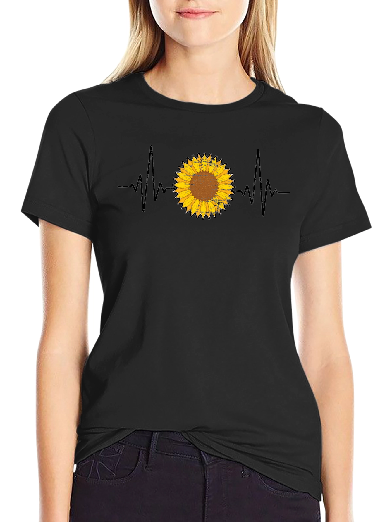 Sunflower Heartbeat Graphic T-Shirt - Trendy Casual Top