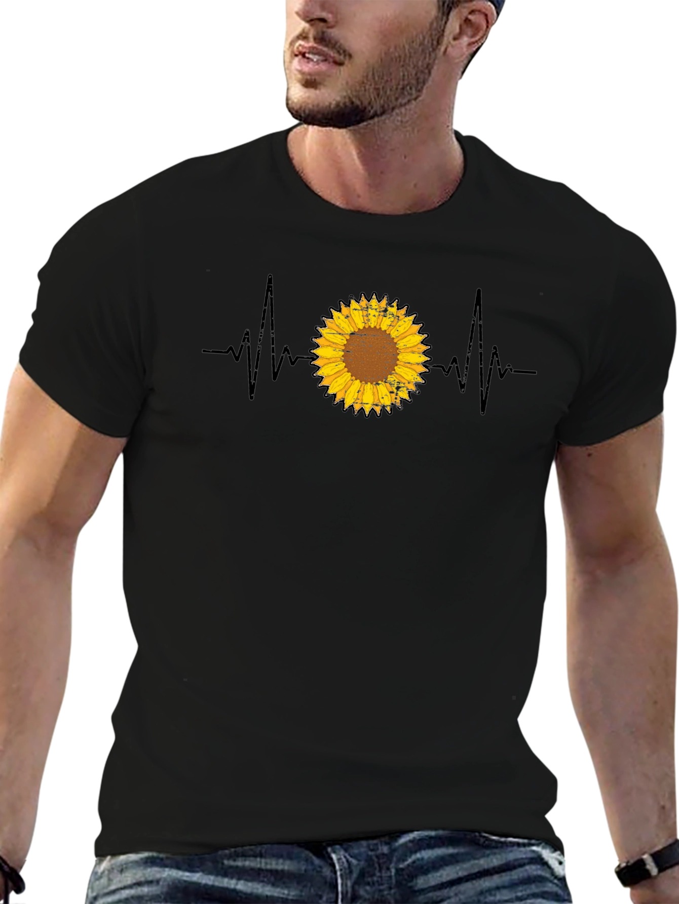 Sunflower Heartbeat Graphic T-Shirt - Trendy Casual Top