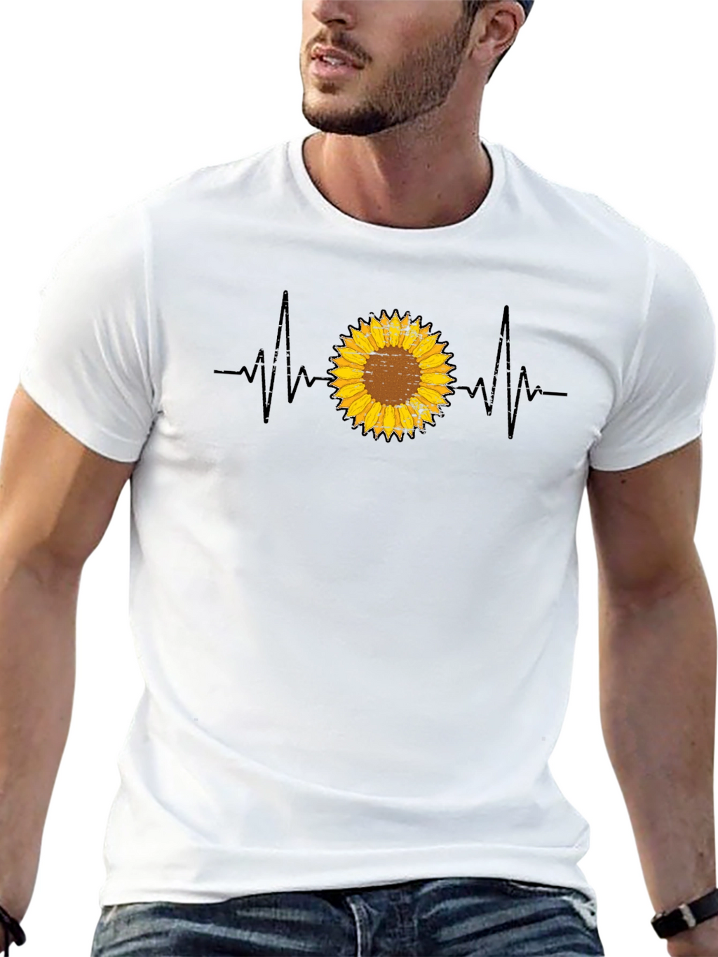 Sunflower Heartbeat Graphic T-Shirt - Trendy Casual Top