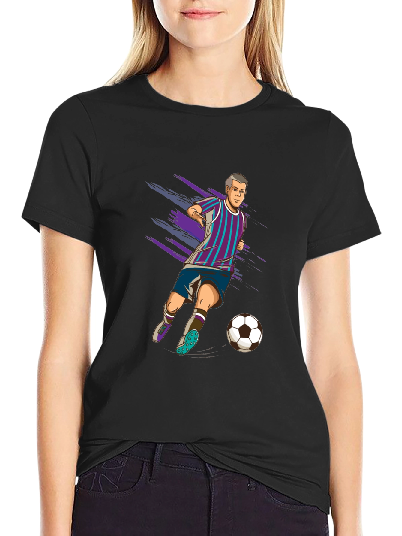 Soccer Player Graphic Tee - Black Cotton T-Shirt