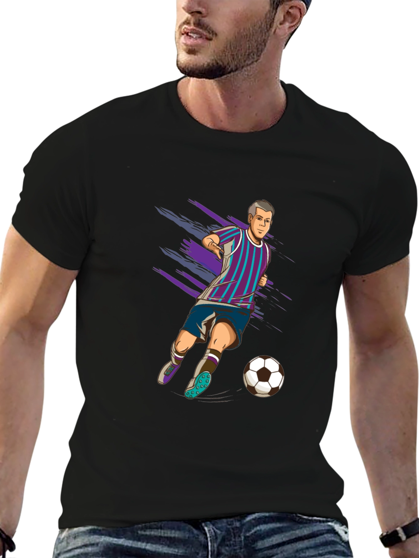 Soccer Player Graphic Tee - Black Cotton T-Shirt