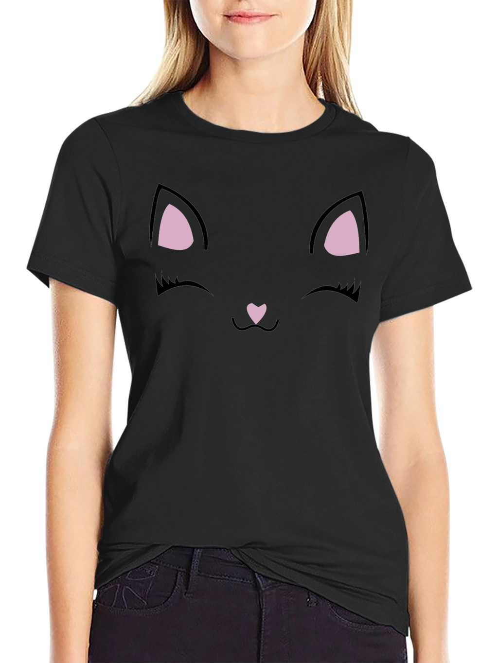 Cute Black Cat Face Graphic T-Shirt