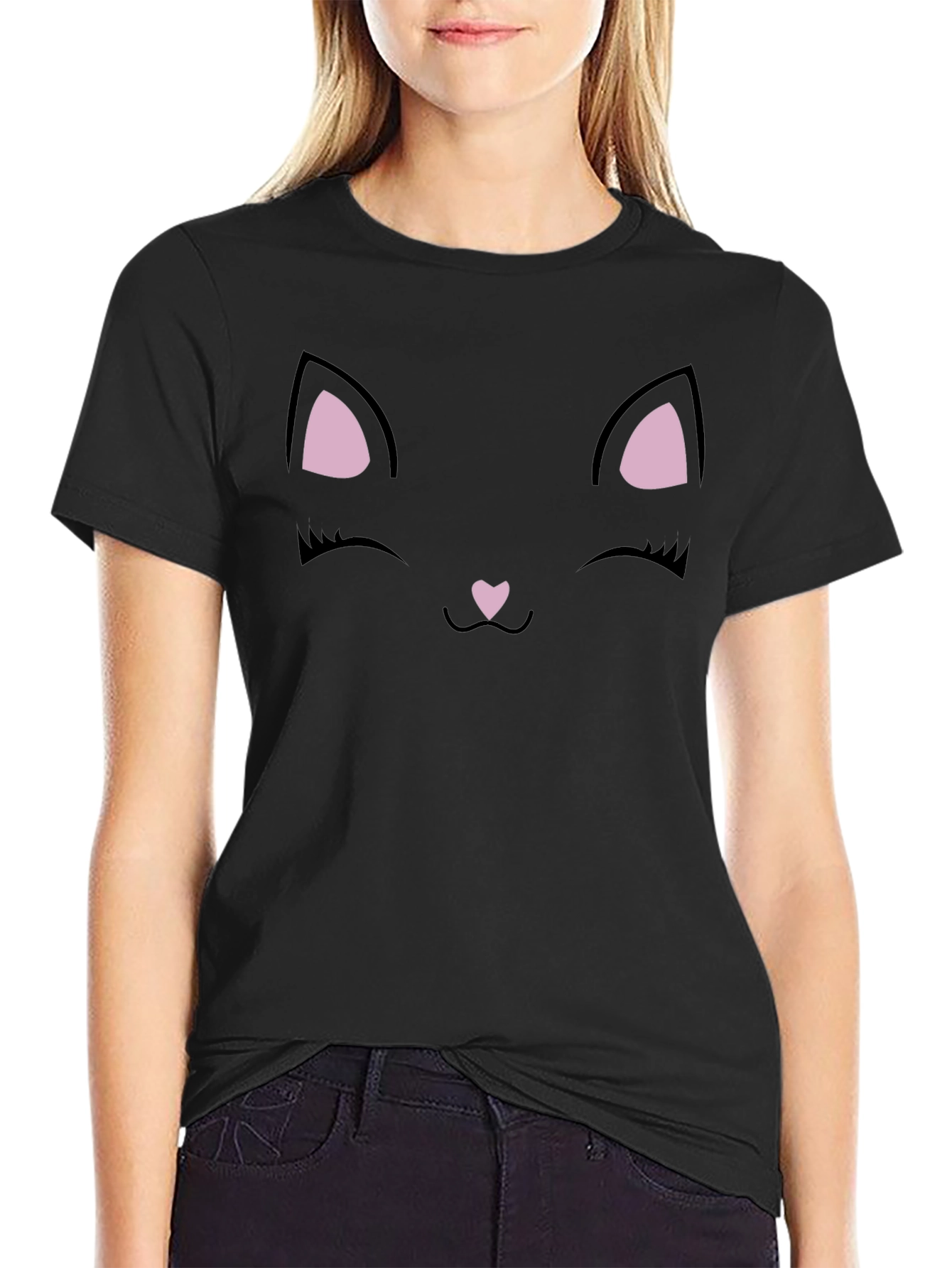Cute Black Cat Face Graphic T-Shirt