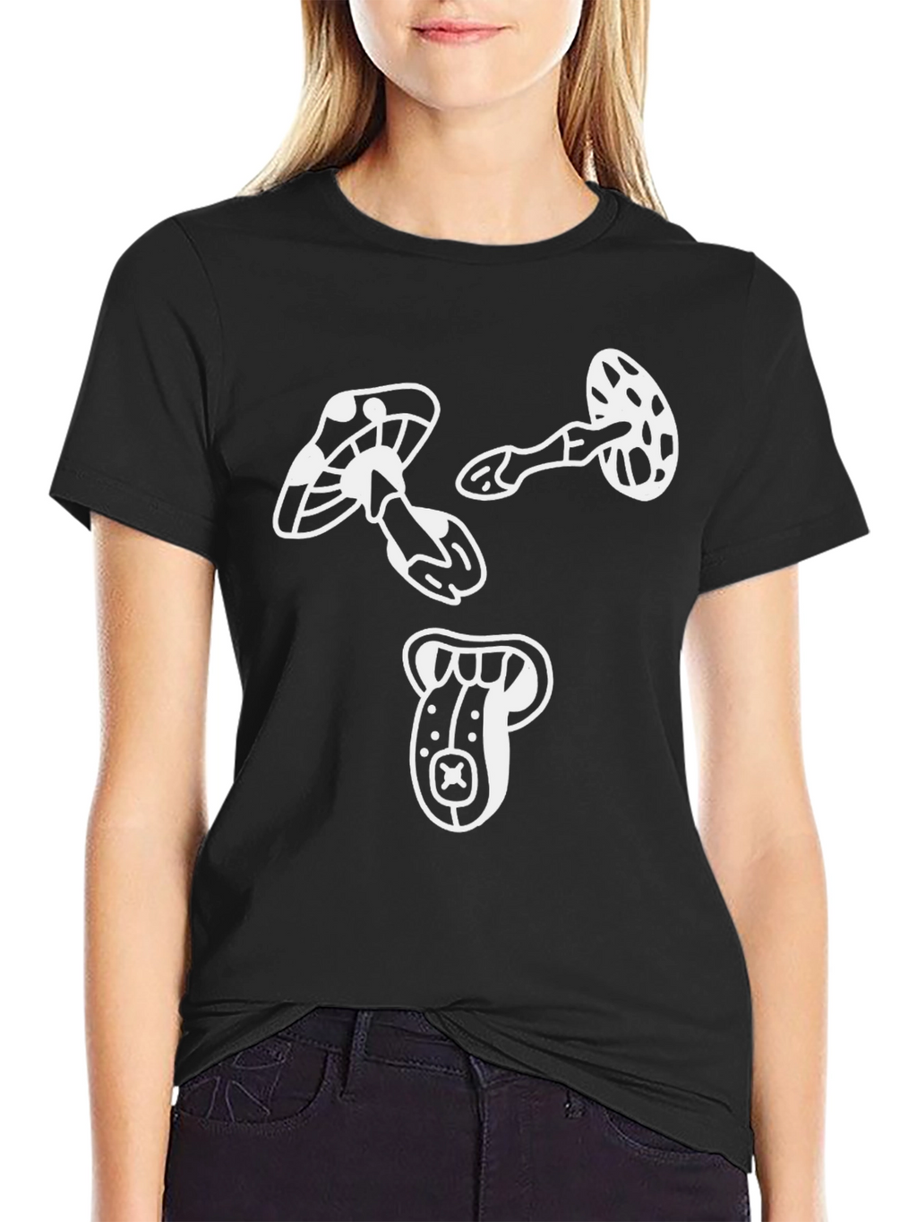 Funky Mushroom Graphic Tee - Black Cotton T-Shirt