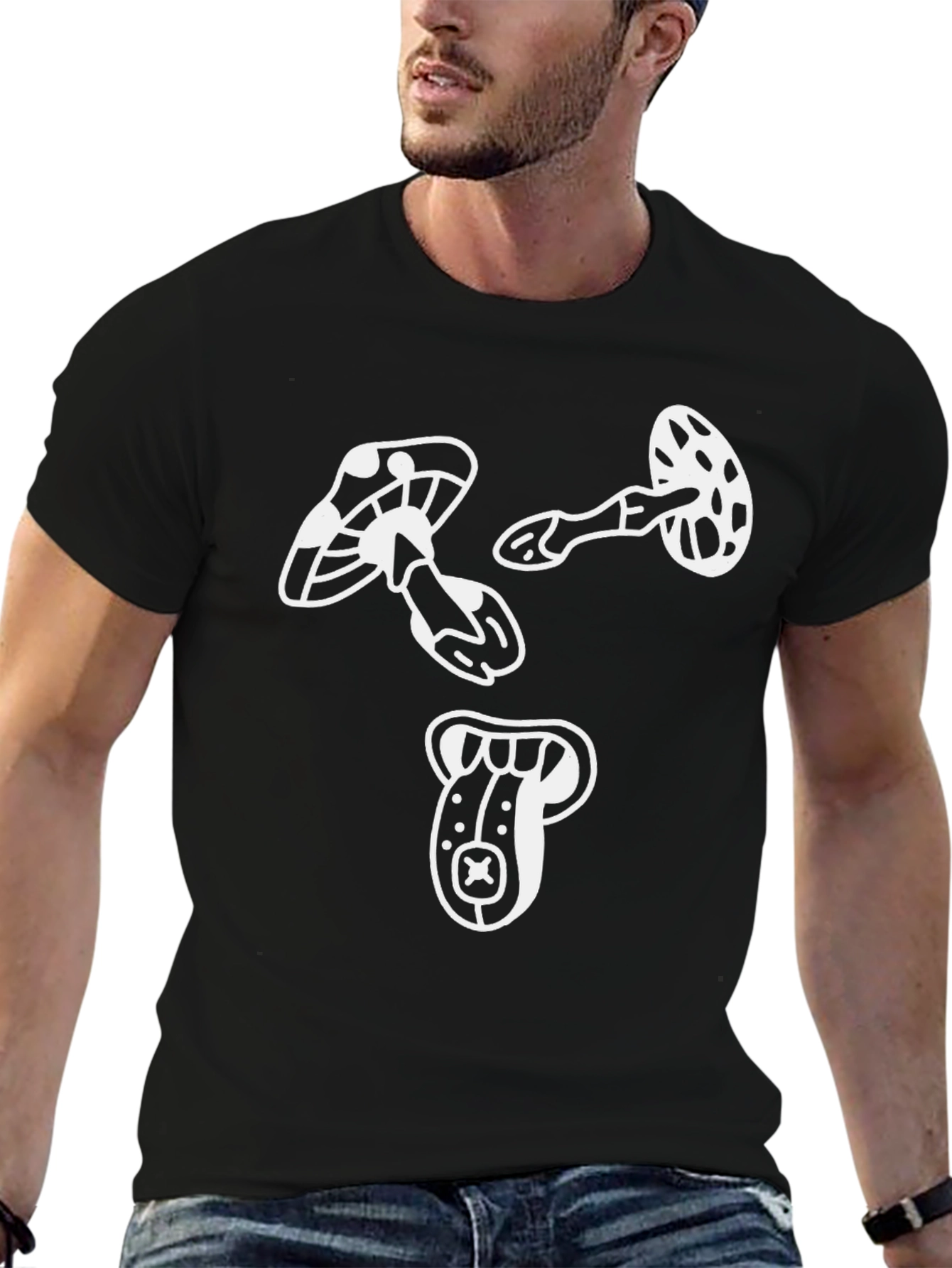 Funky Mushroom Graphic Tee - Black Cotton T-Shirt