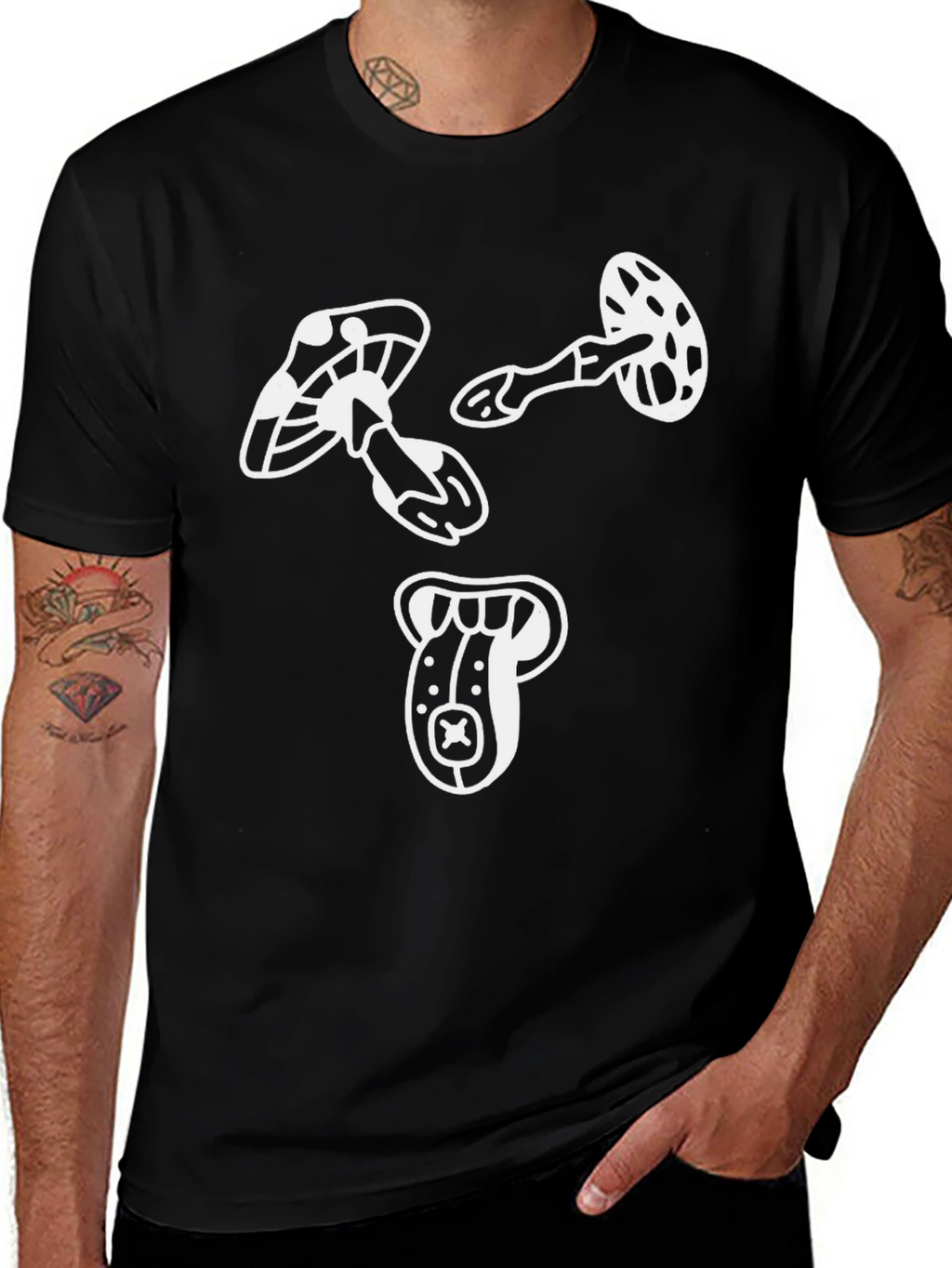 Funky Mushroom Graphic Tee - Black Cotton T-Shirt