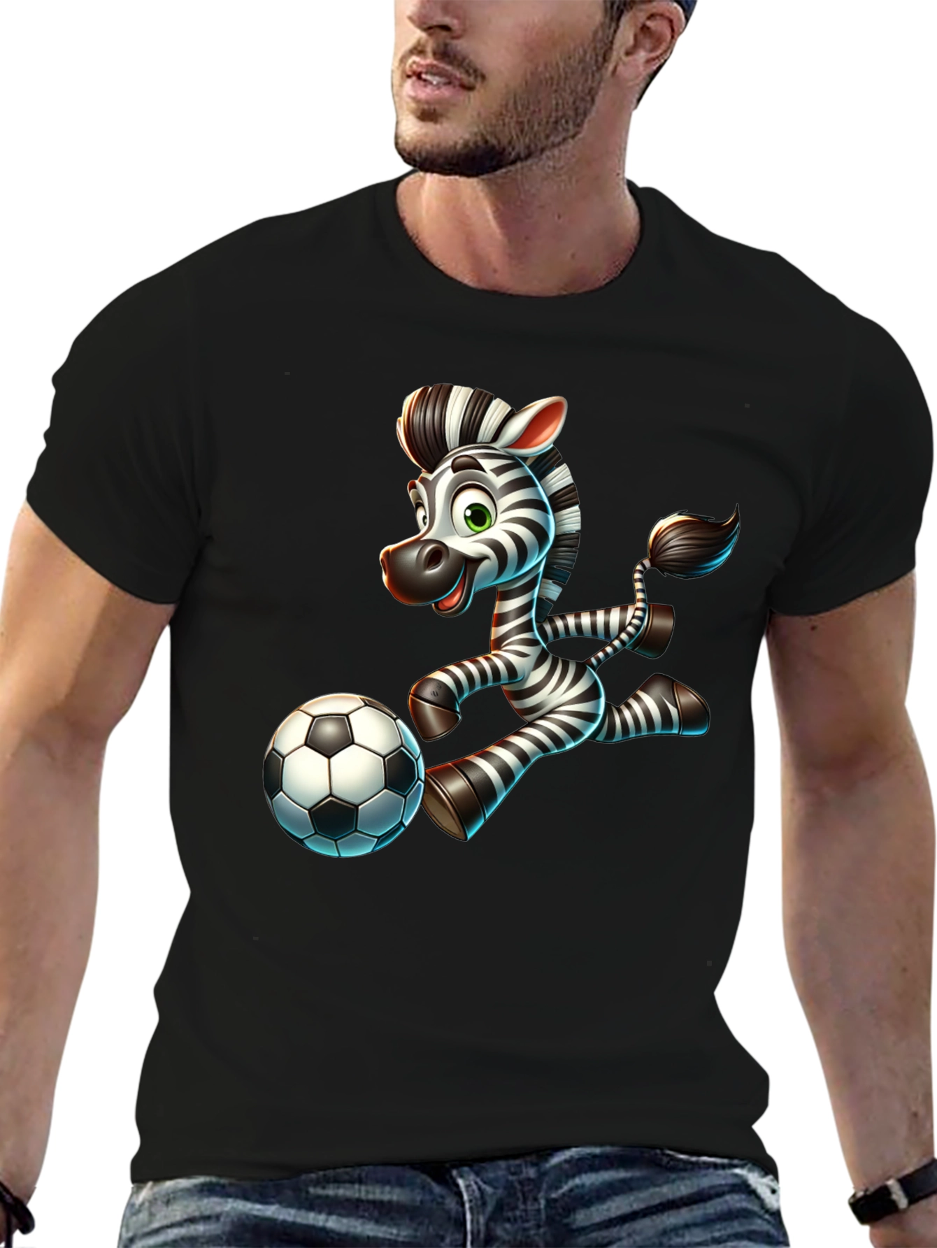 Cartoon Zebra Soccer Player Black T-Shirt