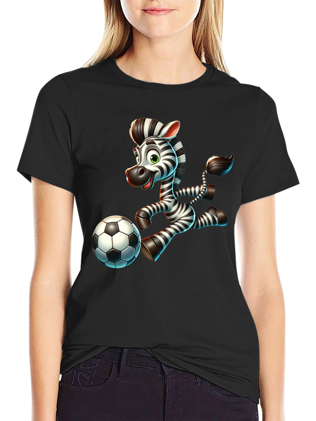 Cartoon Zebra Soccer Player Black T-Shirt