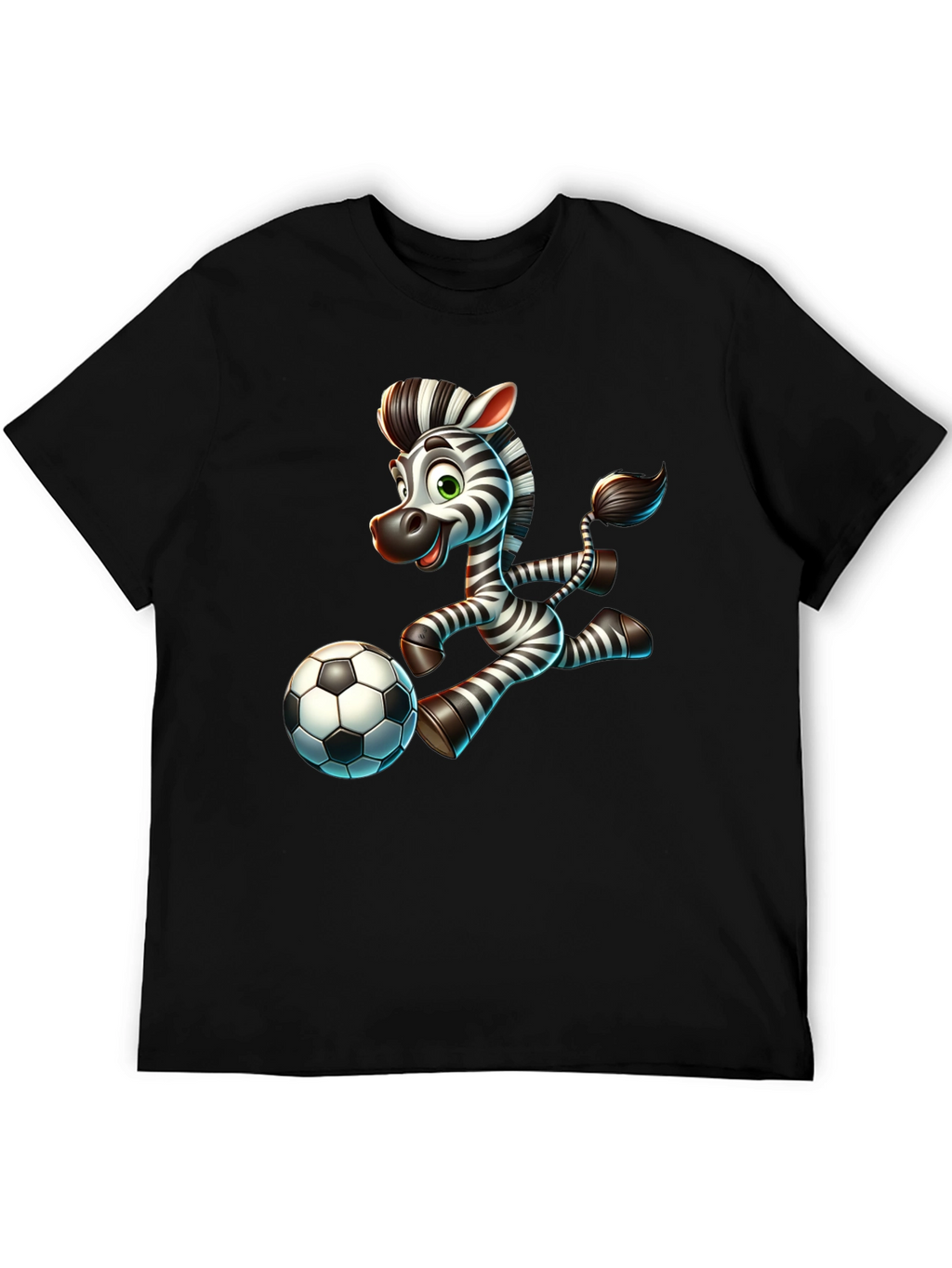 Cartoon Zebra Soccer Player Black T-Shirt