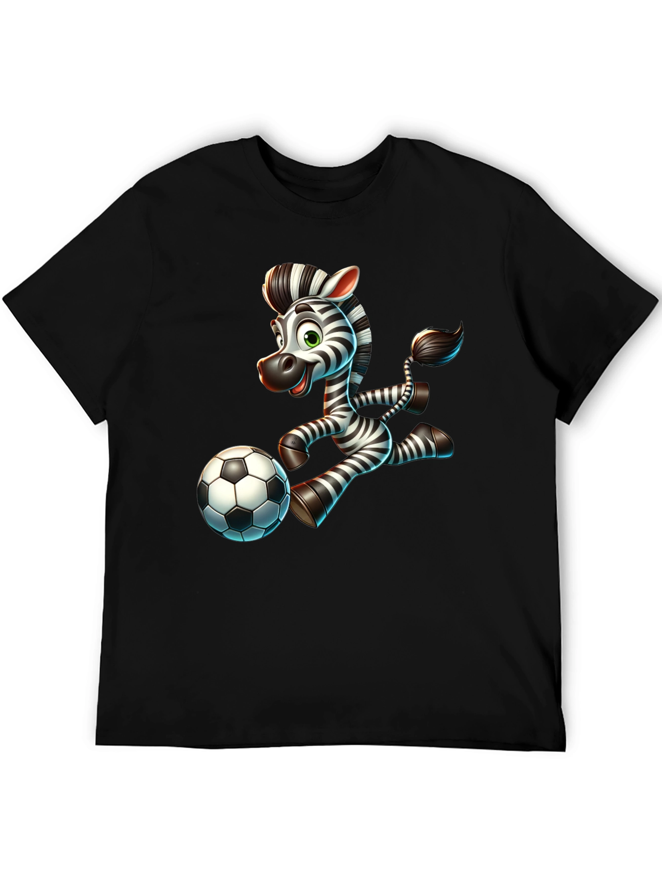 Cartoon Zebra Soccer Player Black T-Shirt