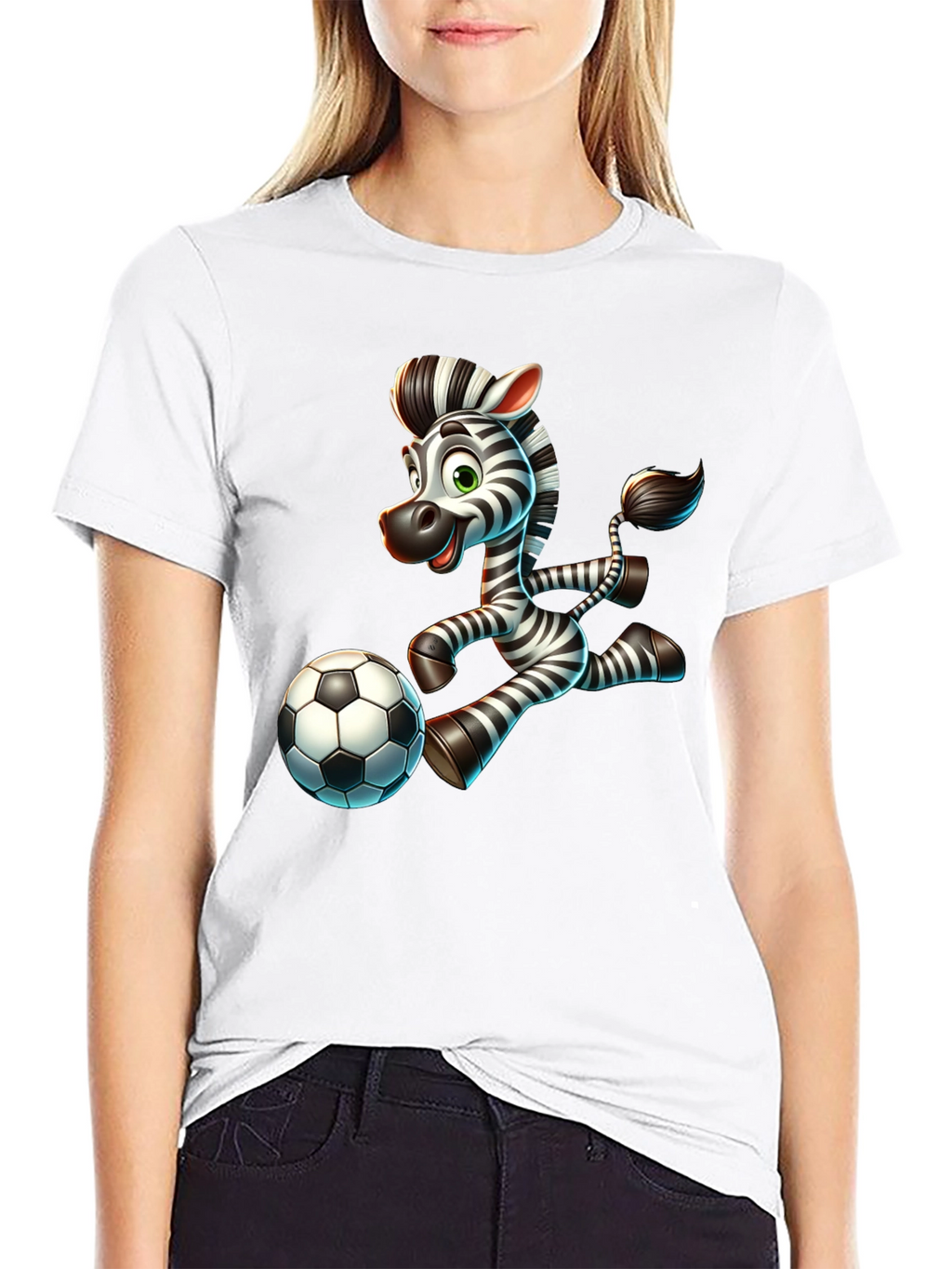 Cartoon Zebra Soccer Player Black T-Shirt