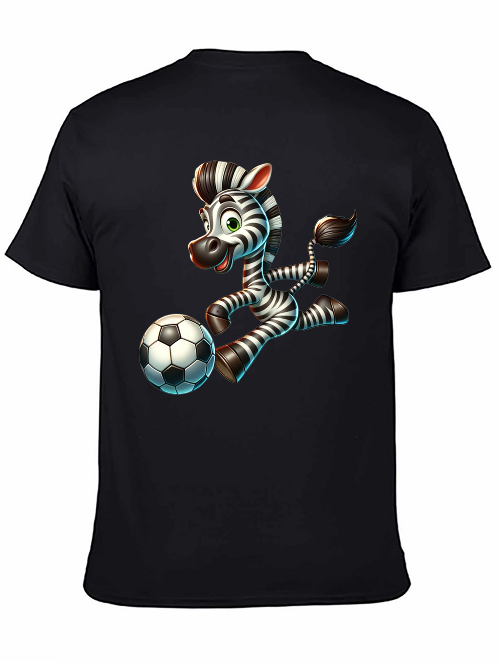 Cartoon Zebra Soccer Player Black T-Shirt