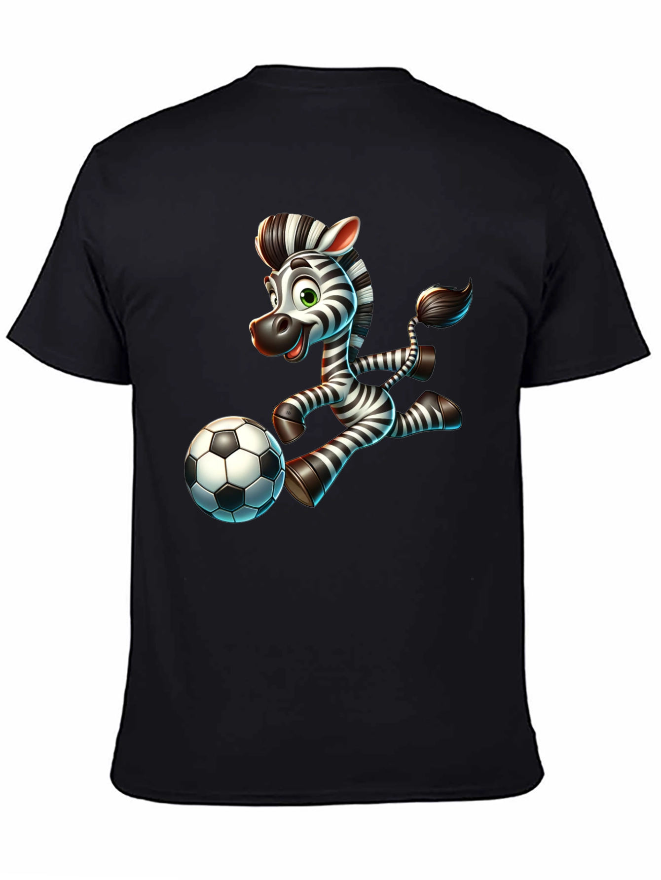 Cartoon Zebra Soccer Player Black T-Shirt