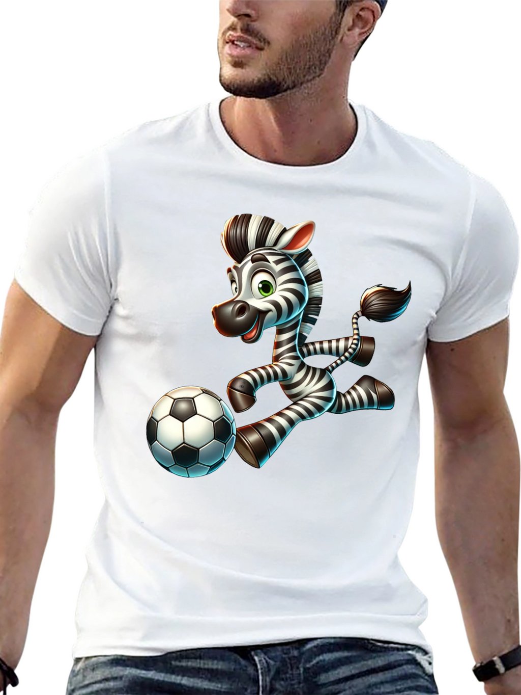 Cartoon Zebra Soccer Player Black T-Shirt