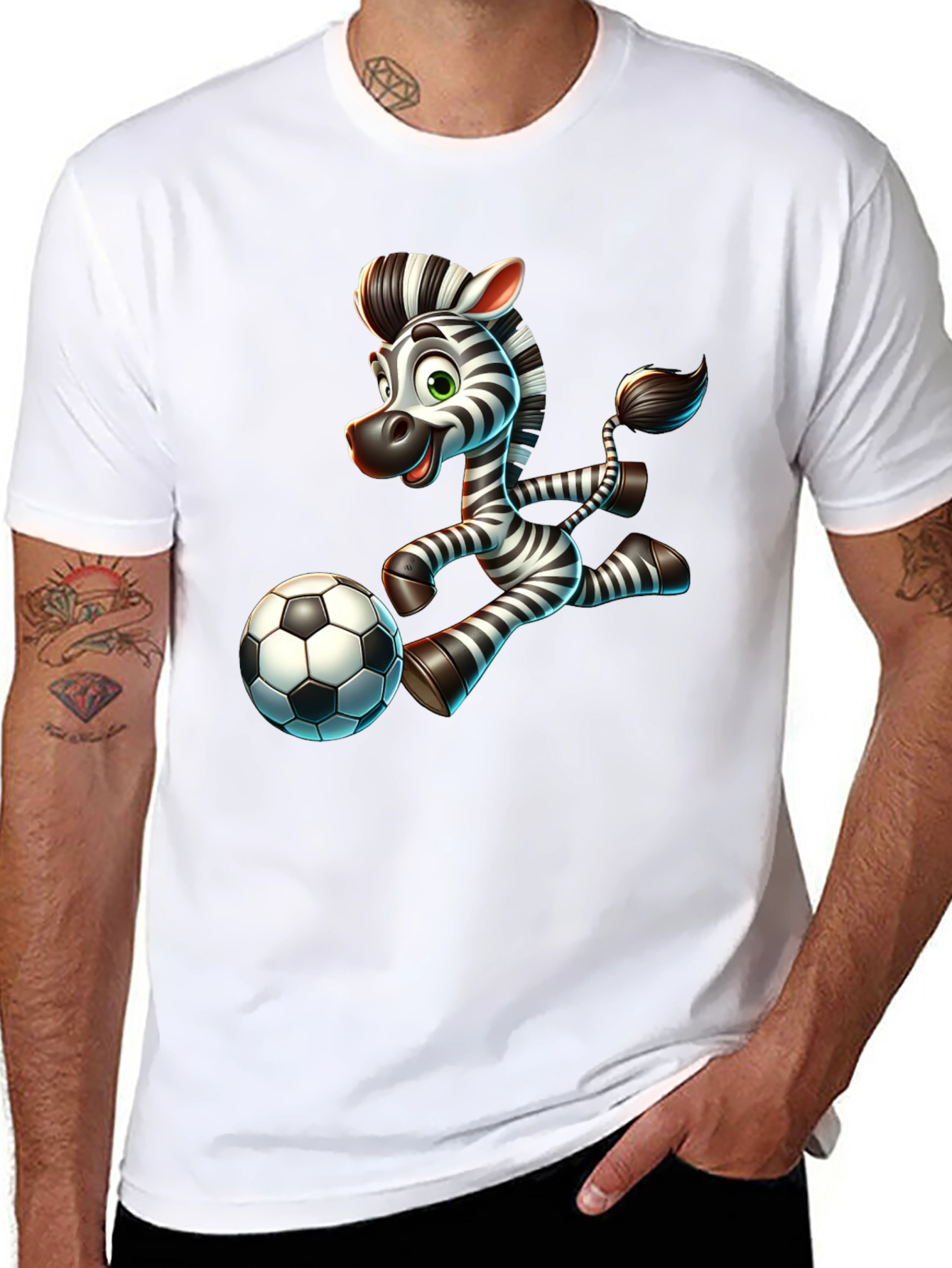 Cartoon Zebra Soccer Player Black T-Shirt