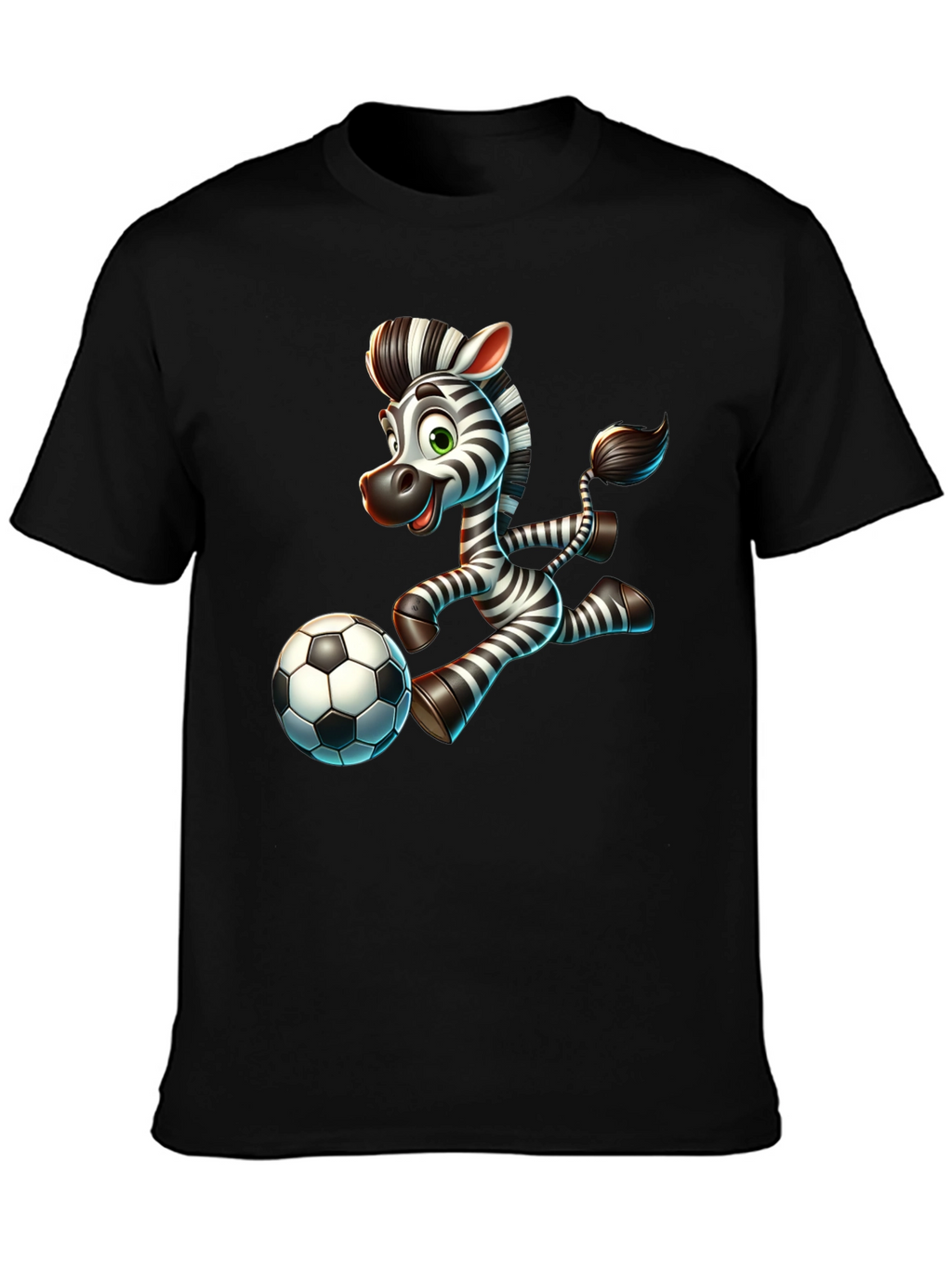 Cartoon Zebra Soccer Player Black T-Shirt