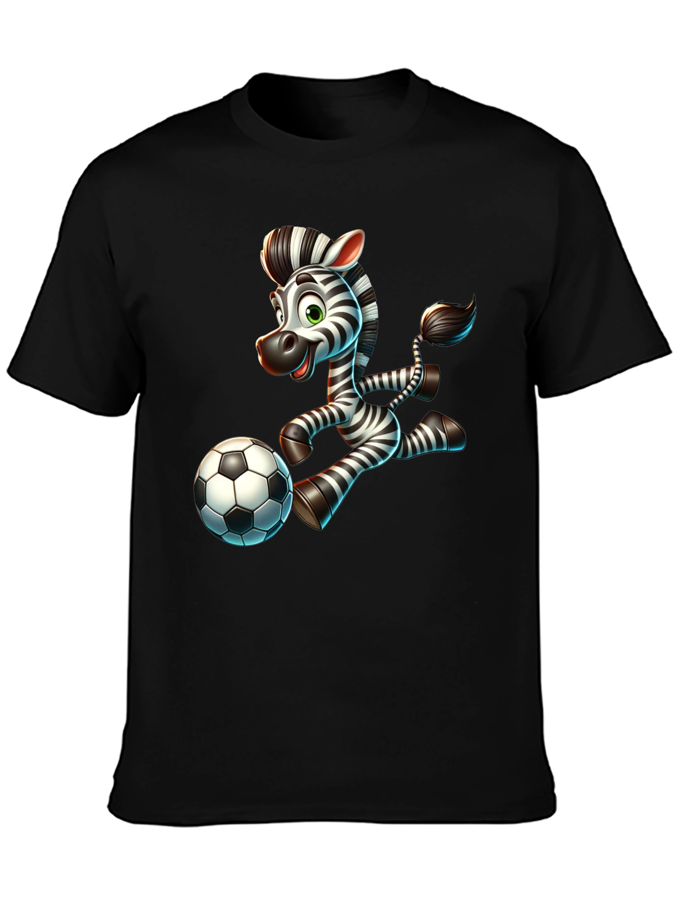 Cartoon Zebra Soccer Player Black T-Shirt