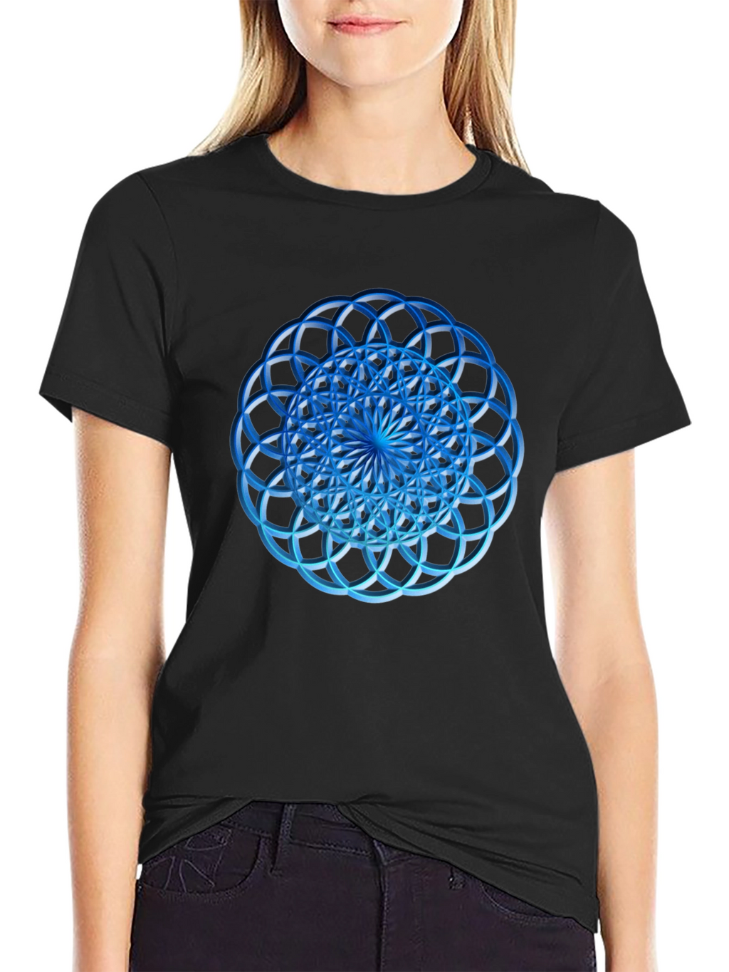 Geometric Blue Circle Design Black T-Shirt