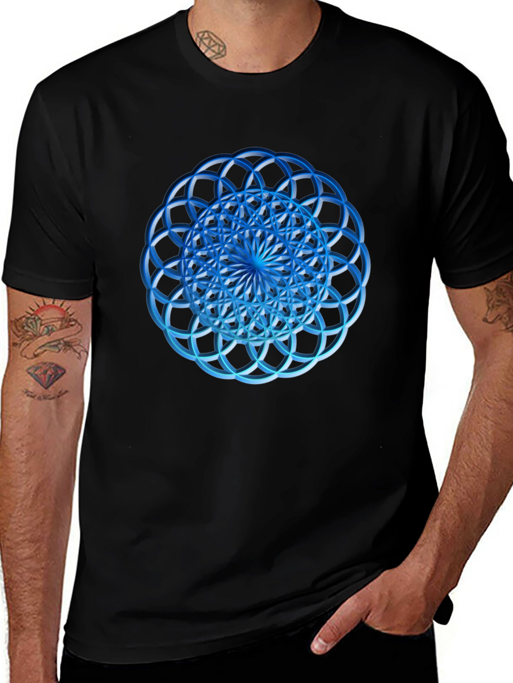 Geometric Blue Circle Design Black T-Shirt