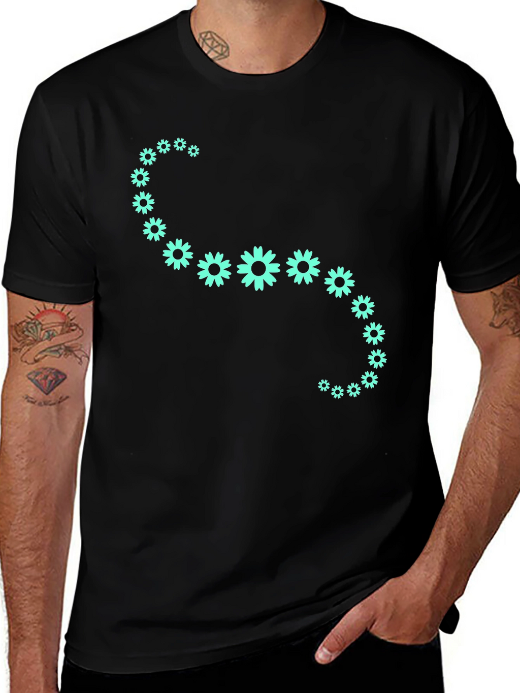 Floral Curve Graphic Tee - Black Cotton T-Shirt