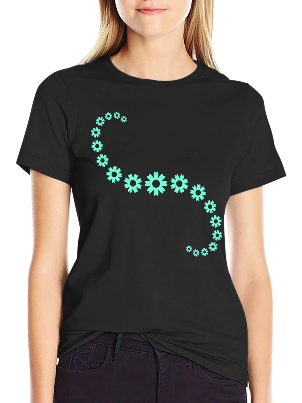 Floral Curve Graphic Tee - Black Cotton T-Shirt
