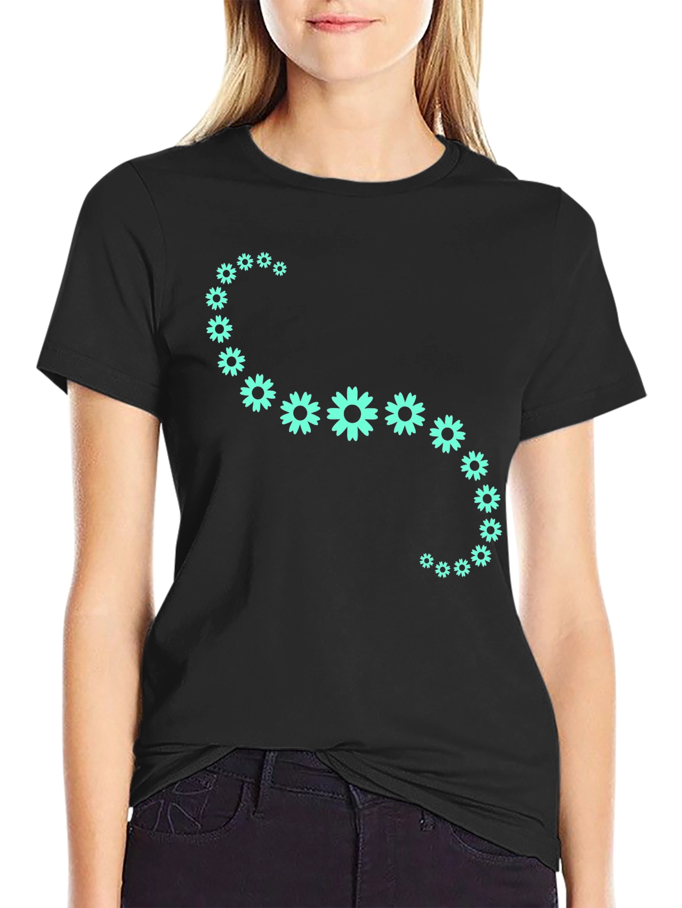 Floral Curve Graphic Tee - Black Cotton T-Shirt