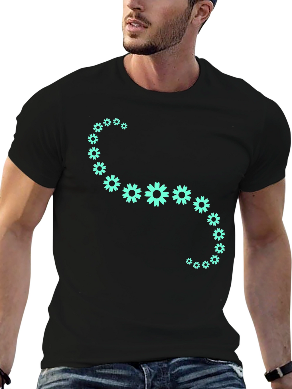 Floral Curve Graphic Tee - Black Cotton T-Shirt