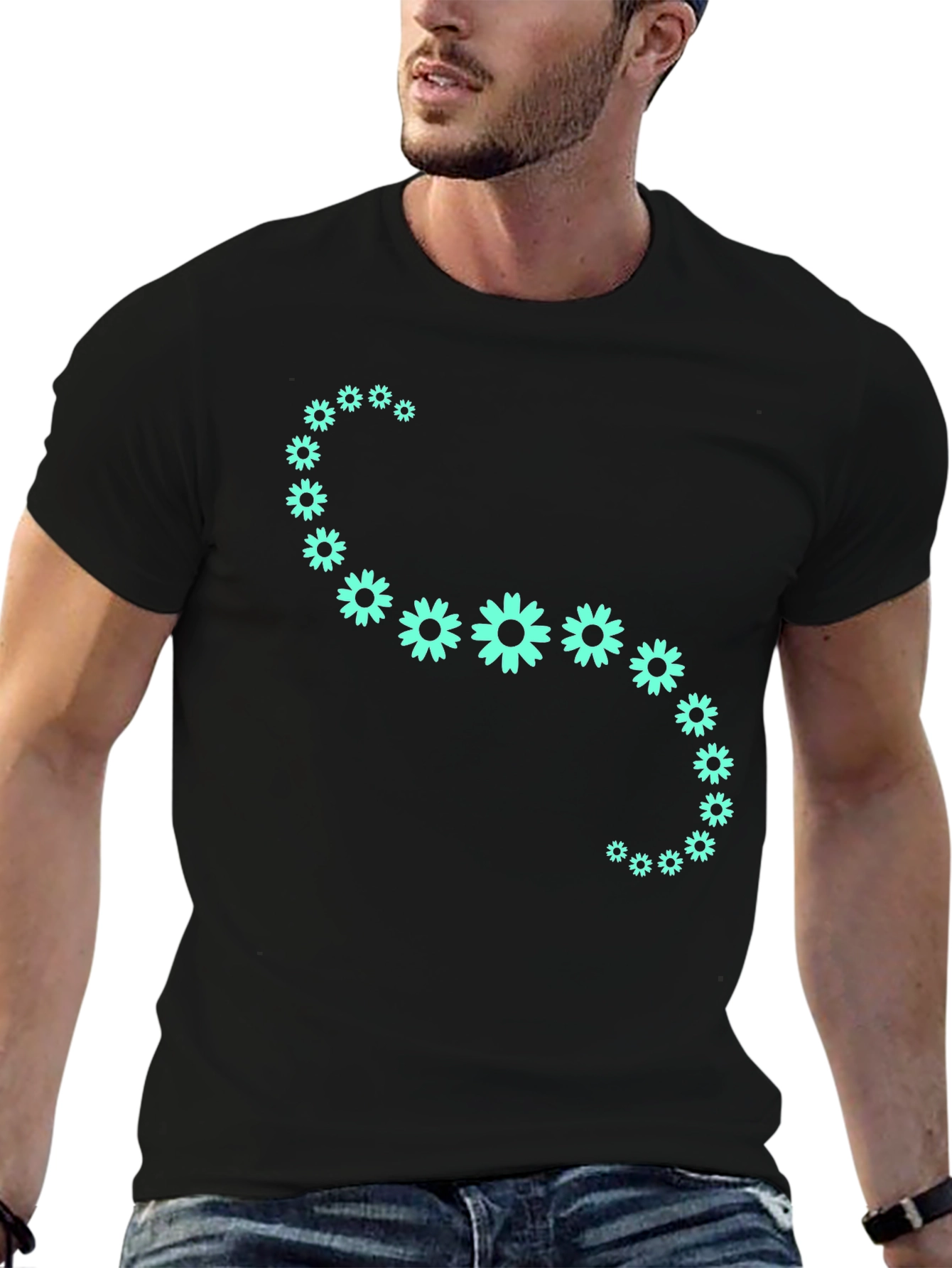 Floral Curve Graphic Tee - Black Cotton T-Shirt