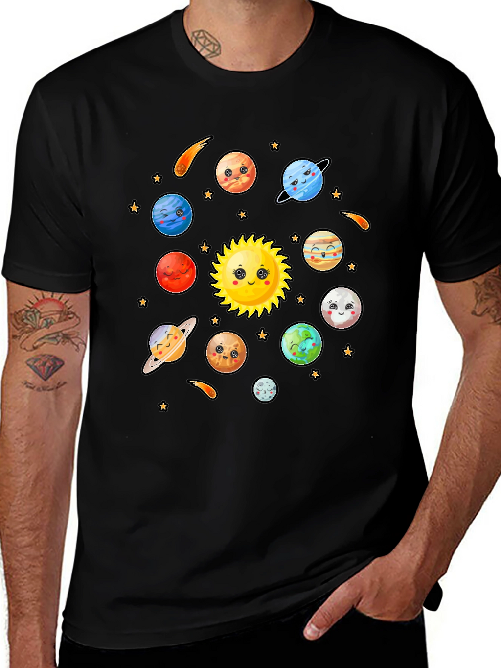 Cute Cartoon Planets Solar System Black T-Shirt