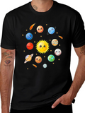 Cute Cartoon Planets Solar System Black T-Shirt