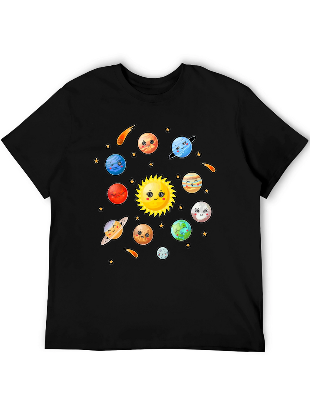 Cute Cartoon Planets Solar System Black T-Shirt