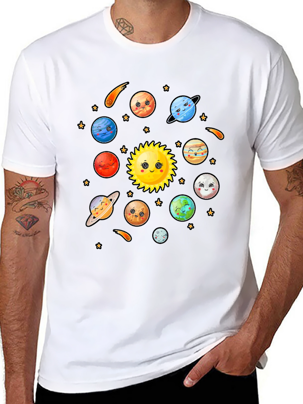 Cute Cartoon Planets Solar System Black T-Shirt