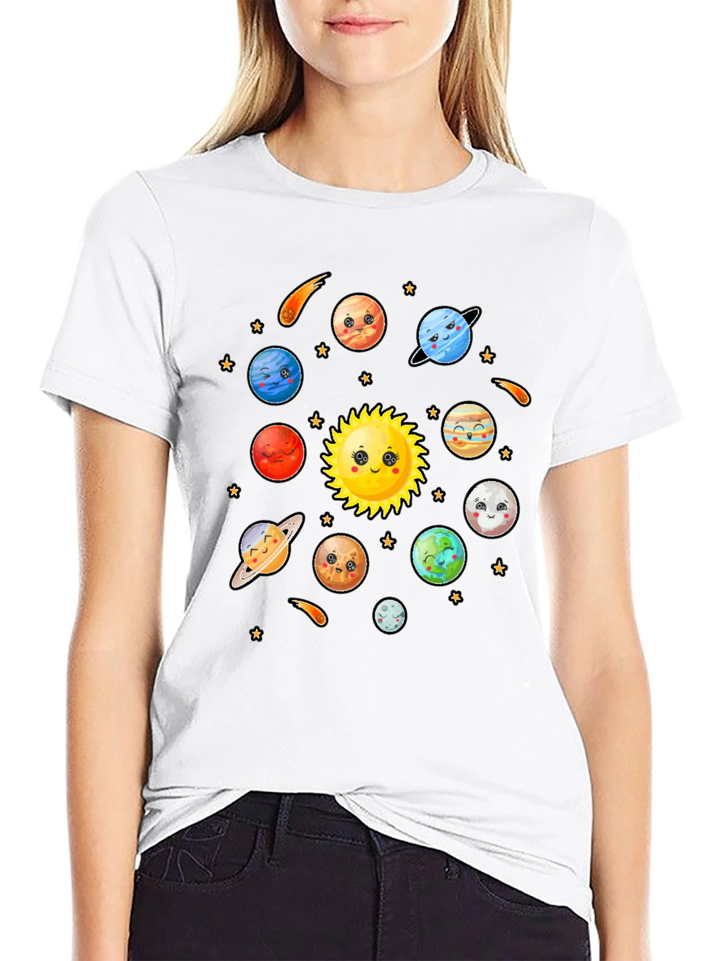 Cute Cartoon Planets Solar System Black T-Shirt