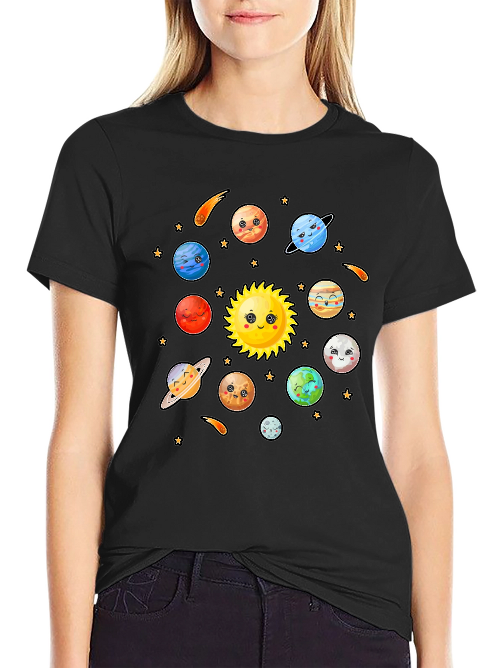 Cute Cartoon Planets Solar System Black T-Shirt