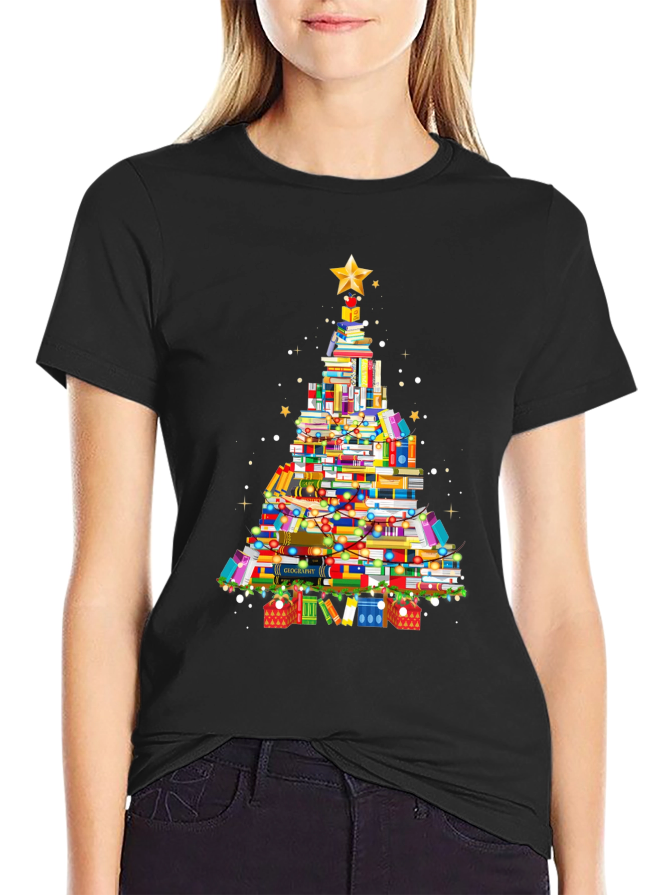 Book Christmas Tree Graphic T-Shirt