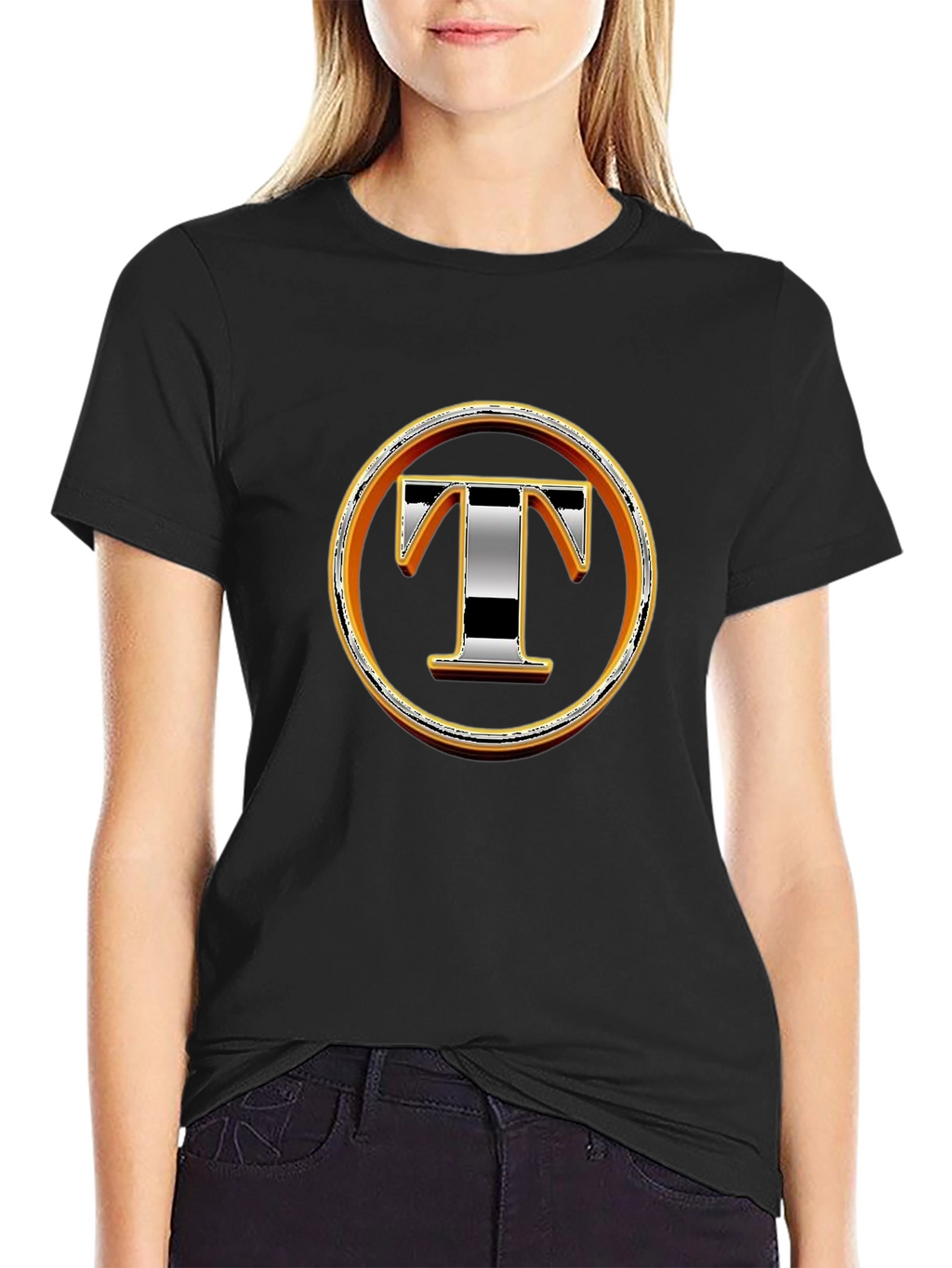 Graphic T-Shirt with Letter T Design - Black
