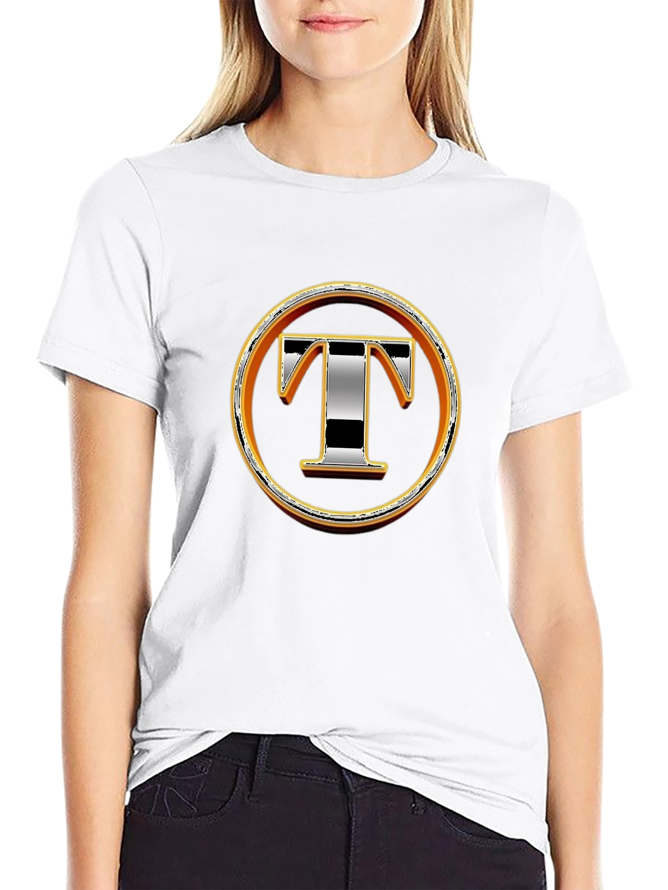 Graphic T-Shirt with Letter T Design - Black