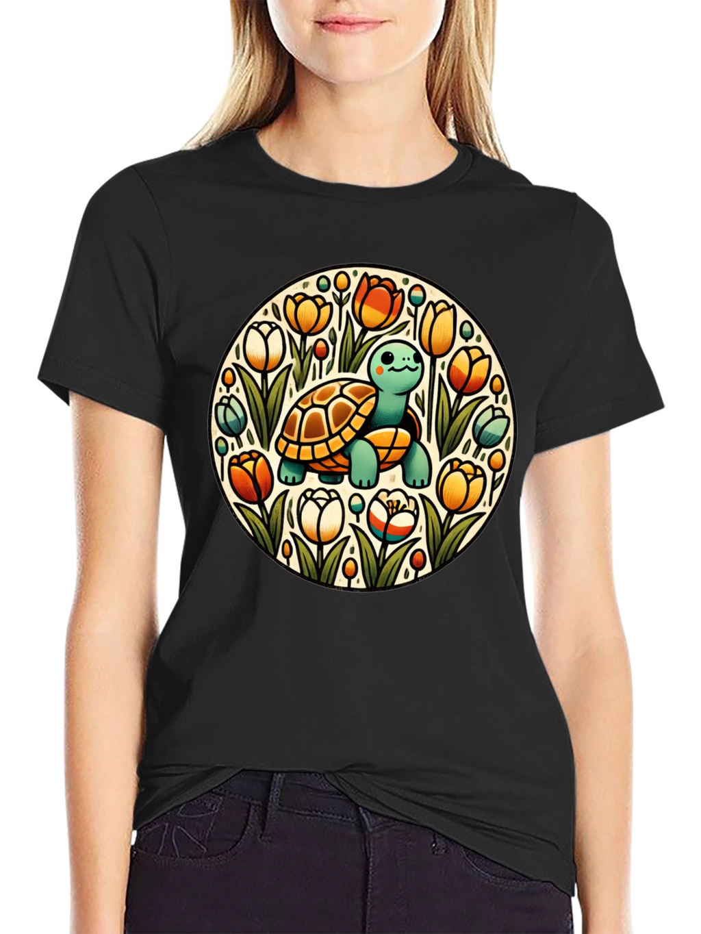 Turtle & Tulips Graphic Black T-Shirt