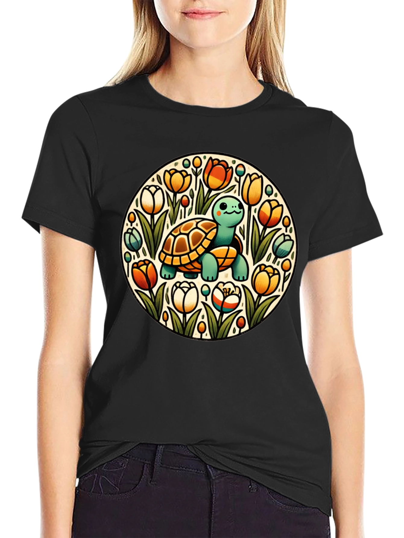 Turtle & Tulips Graphic Black T-Shirt