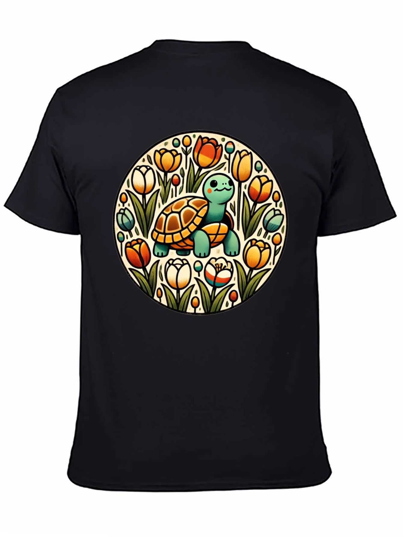 Turtle & Tulips Graphic Black T-Shirt