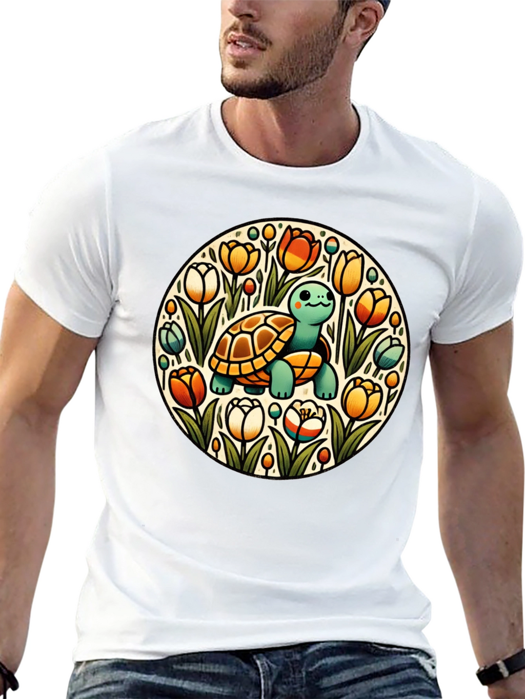 Turtle & Tulips Graphic Black T-Shirt