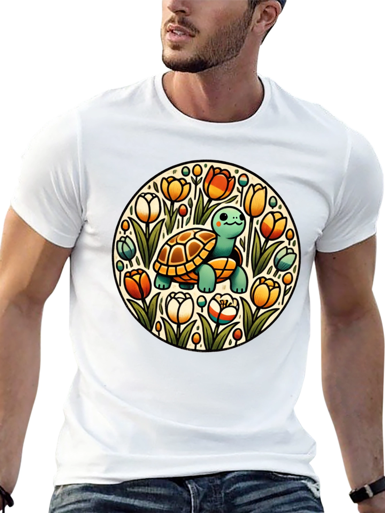 Turtle & Tulips Graphic Black T-Shirt