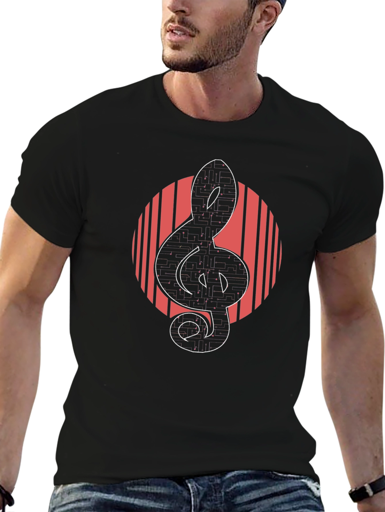 Stylish Black T-Shirt with Music Treble Clef Graphic Design
