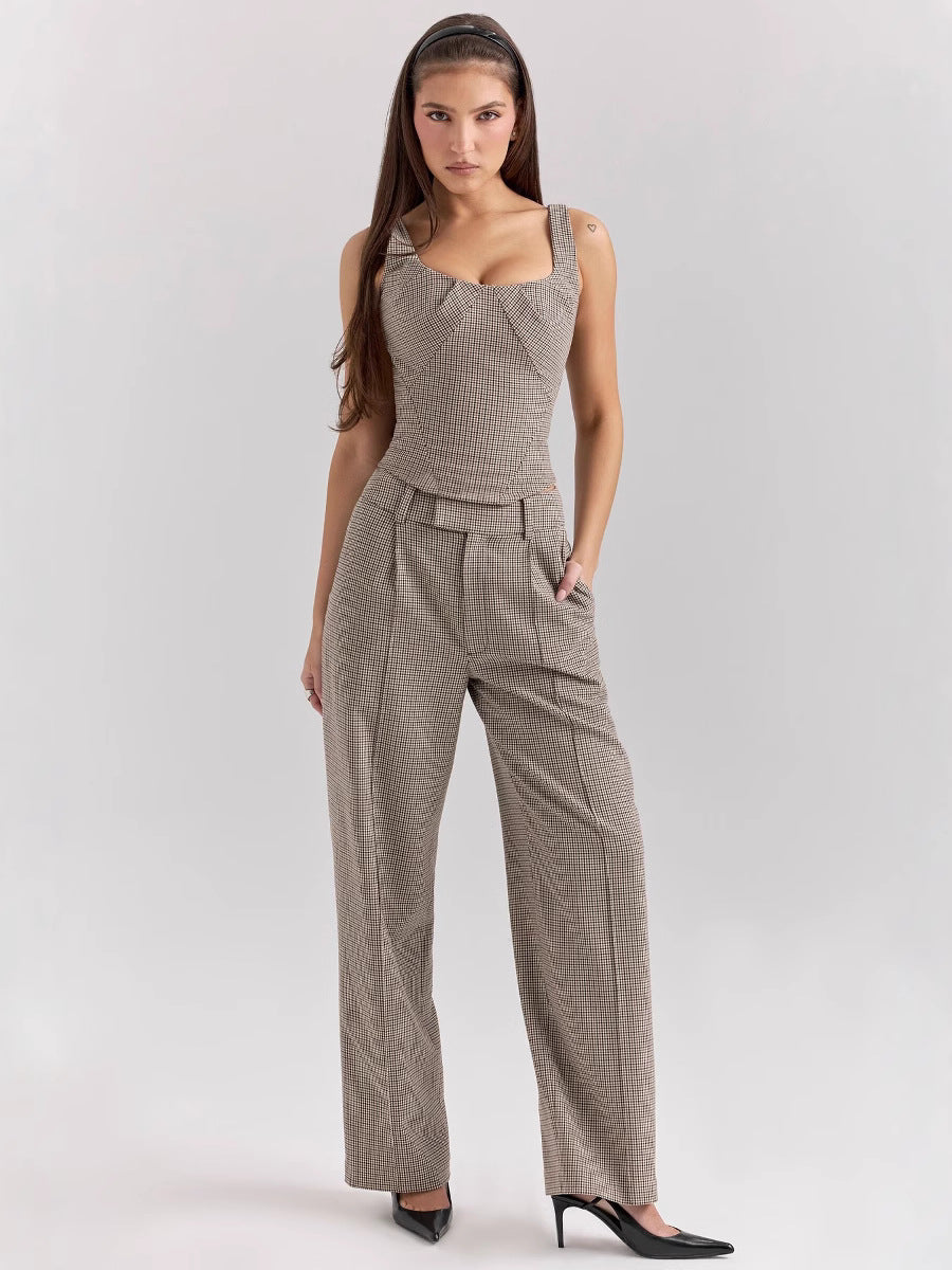 Two piece set of slim fitting plaid tight strap camisole vest and high waisted straight leg casual pants