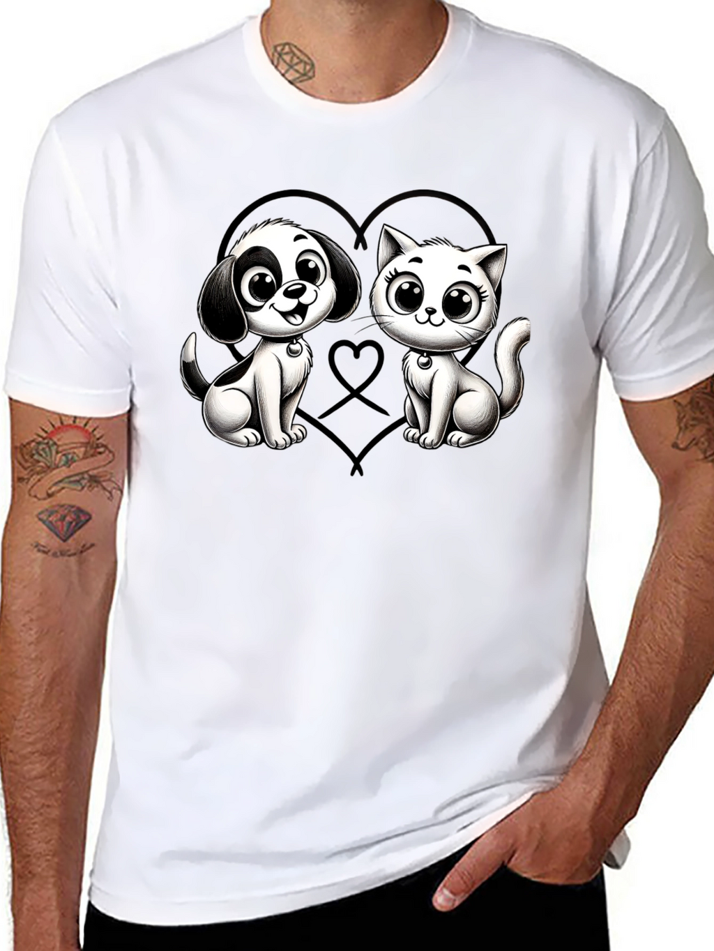 Cartoon Cat and Dog Graphic Black T-Shirt