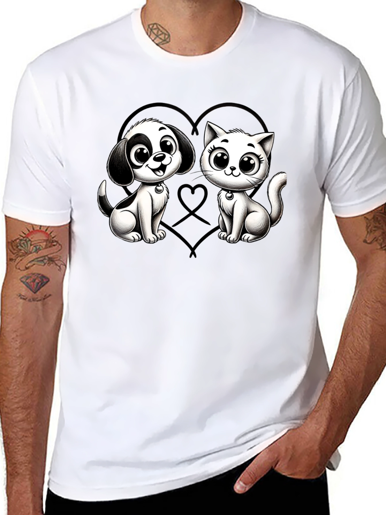 Cartoon Cat and Dog Graphic Black T-Shirt